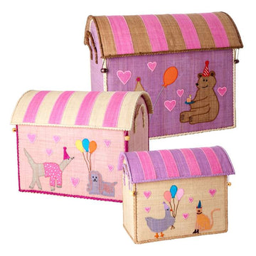 RICE Raffia Oppbevaringshus - Party Animal - Lys Rosa - 3 stk. 