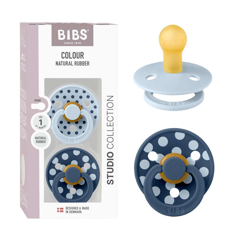 BIBS Round Colour pacifier - 2-Pack - sz. 1 - natural rubber - Polka Studio - Baby Blue/Steel Blue 