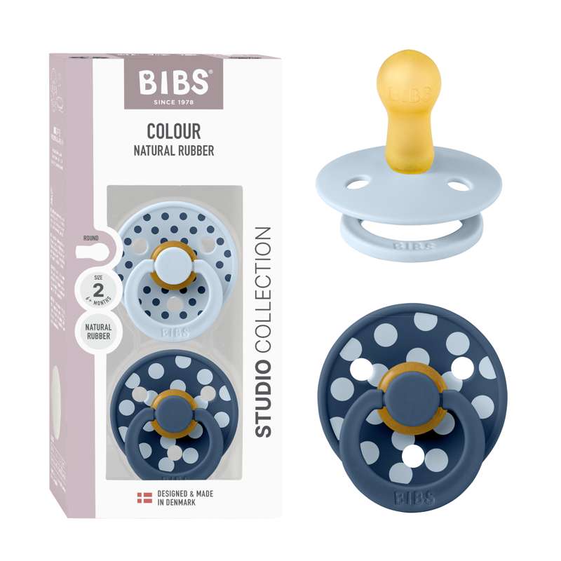 BIBS Culoare Rund suzetă - pachet de 2 - măr. 2 - cauciuc natural - Polka Studio - Baby Blue/Steel Blue 