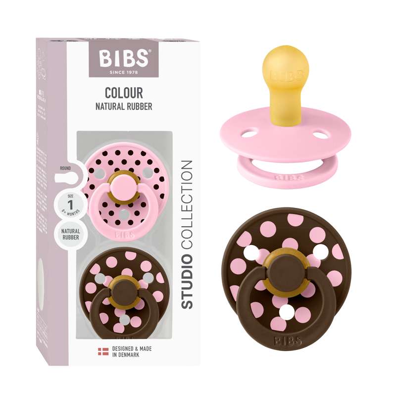 BIBS Okrągły kolor smoczek - 2-pak - roz. 1 - kauczuk naturalny - Polka Studio - Baby Pink/Mocha 