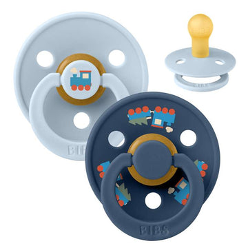 BIBS Rund Colour Sut - 2-Pak - Str. 1 - Naturgummi - Holiday Train - Baby Blue/Steel Blue