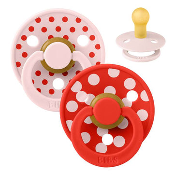 BIBS Rund Colour smoczek - 2-Pak - roz. 1 - kauczuk naturalny - Polka Studio - Blossom/Candy Apple 