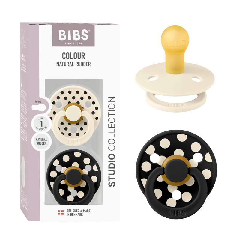 BIBS Round Colour pacifier - 2-Pack - sz. 1 - natural rubber - Polka Studio - Ivory/Black 