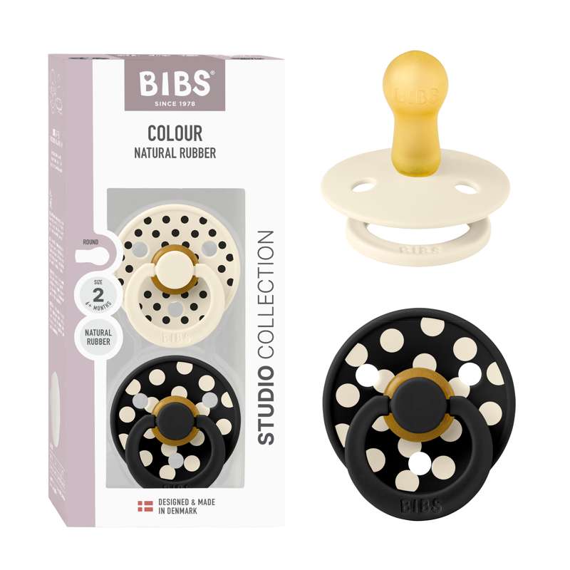 BIBS Rond Colour ciuccio - Confezione da 2 - tg. 2 - gomma naturale - Polka Studio - Avorio/Nero 