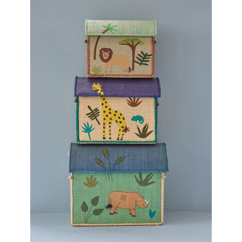 RICE Raffia Opbergdoos - Jungle Dieren - Blauw - Middel 