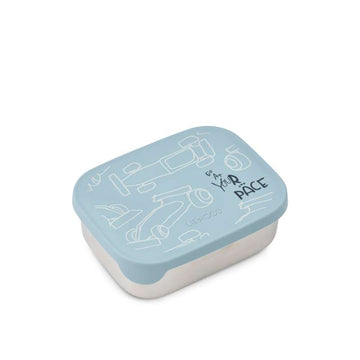 Liewood Caixa de almoço dividida Arthur - Aço/Silicone - Race Cars/Azul praia 