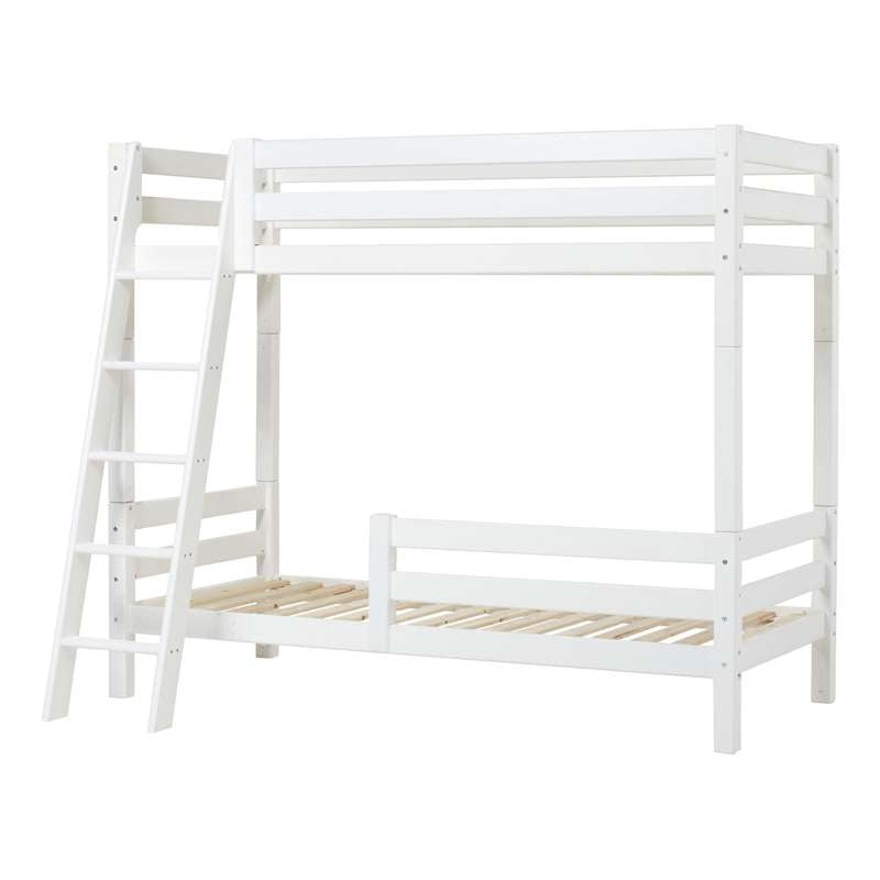 Hoppekids ECO Luxury - Hoge Stapelbed - 90x200 cm. - Twee Bedhekjes en Schuine Ladder - Flexibele Inlegbodem - Wit 