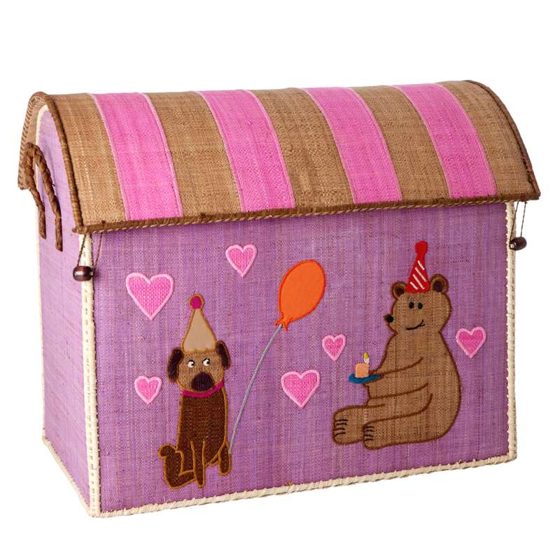 RICE Maison de rangement en raffia - Animal de fête - Rose clair - Grand 
