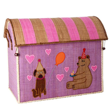 RICE Maison de rangement en raffia - Animal de fête - Rose clair - Grand 