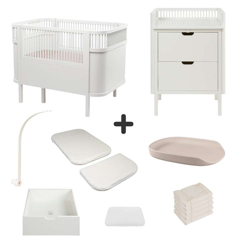 Sebra Postelja in previjalna miza s priborom - Klasična bela - Deluxe paket 4 