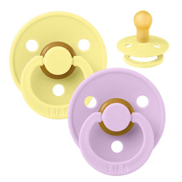 Sucette Bibs Rond Colour - 2-Pack - t. 1 - caoutchouc naturel - Sunshine/Ciel Violet 