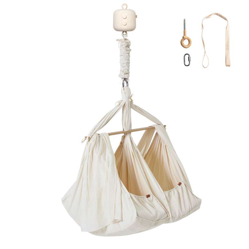 Pomoč Bundle - Premium - Dvojna viseča postelja z motorjem za zibanje in stropnim obešalom - Naraven 