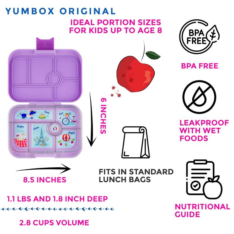 Yumbox Pojemnik na jedzenie - Oryginalny - 6 przegród - Lulu Purple/Paris Je T'aime 