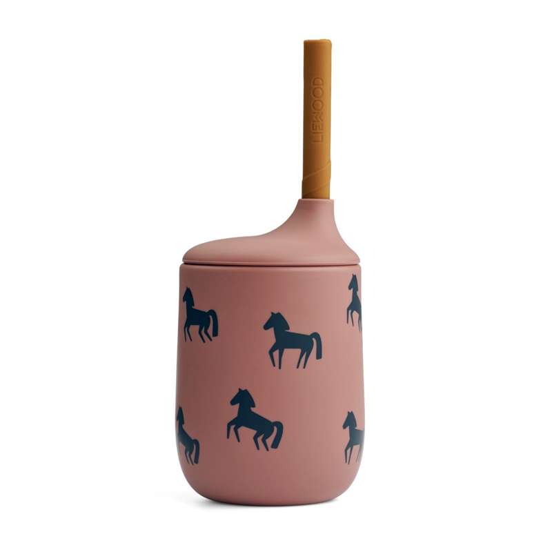 Liewood Ellis Drinking Cup with Lid and Straw - Silicone - Horses/Dark Rosetta 