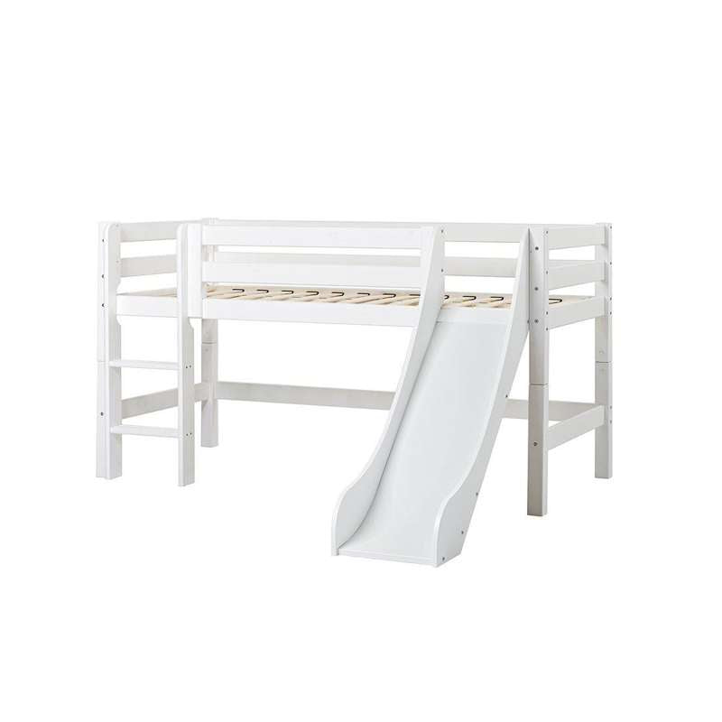 Hoppekids ECO Luxury - Lit mi hauteur m. Toboggan - 90x200 cm. - Base d'insertion flexible - Blanc 