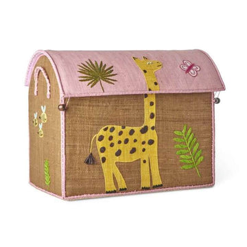 RICE Raffia Storage House - Wildlife - Pink - Medium 