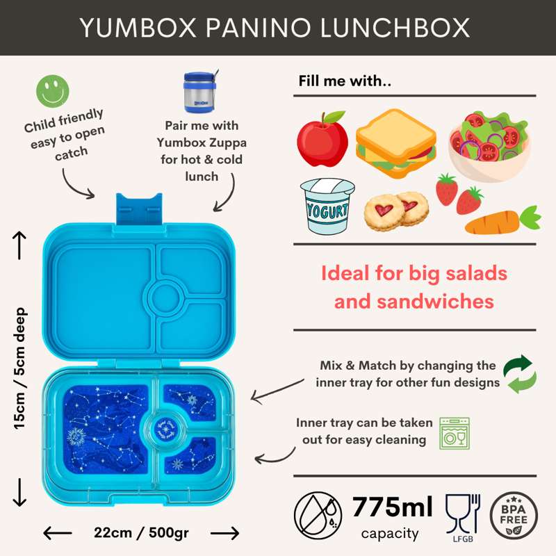 Yumbox Pudełko na jedzenie - Panino - 4 przegródki - Monte Carlo Blue/Wyścigowe samochody 