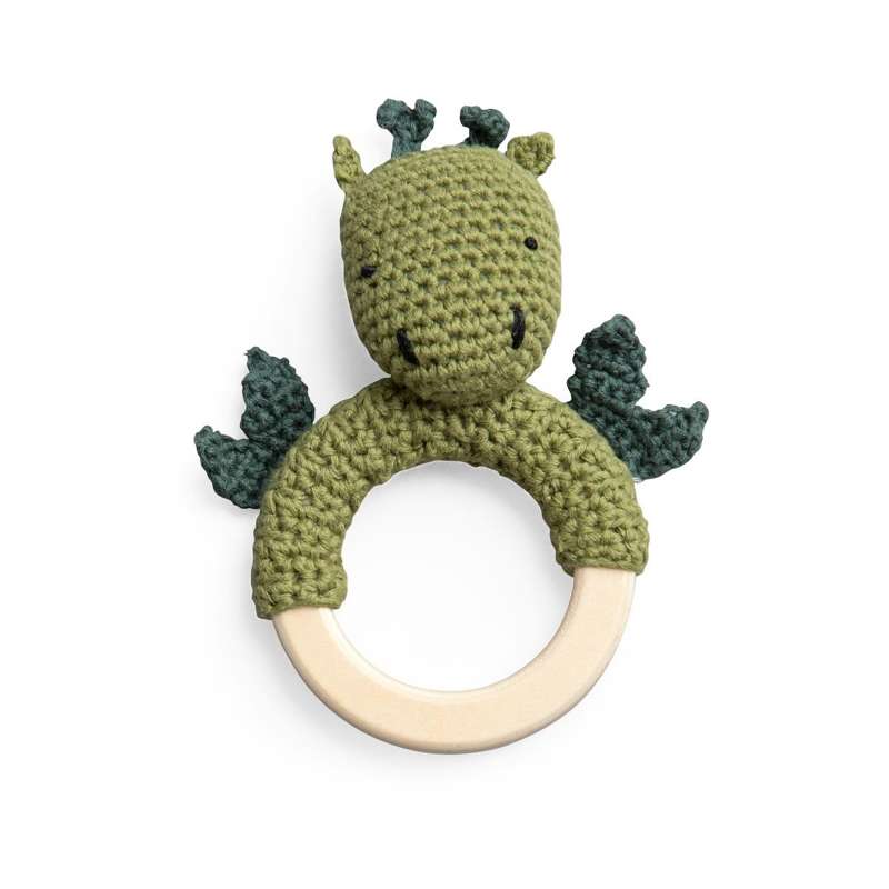 Sebra Crocheted rattle on wooden ring - dragon